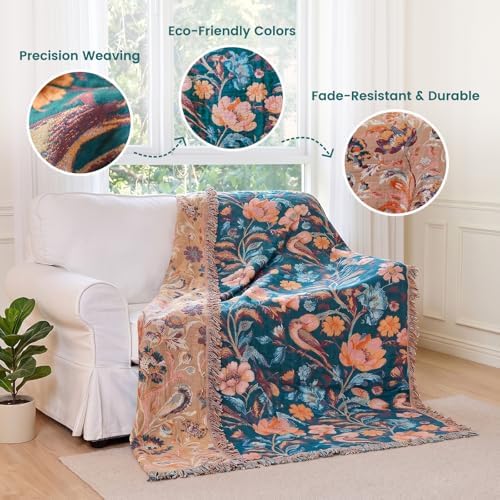 MSGKV Boho Throw Blanket 50"x60" Cotton Birds Floral Blanket for Couch - Image 3