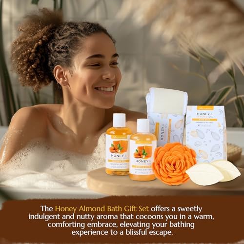 Bath Spa Gift Basket, Honey Almond 8pcs Bath & Body Gift Set for Women - Image 4