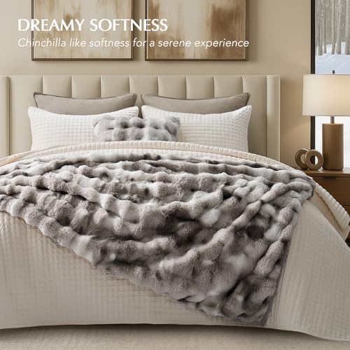 EverGrace Faux Rabbit Fur Bubble Throw Blanket, 60"x80", Light Grey - Image 2