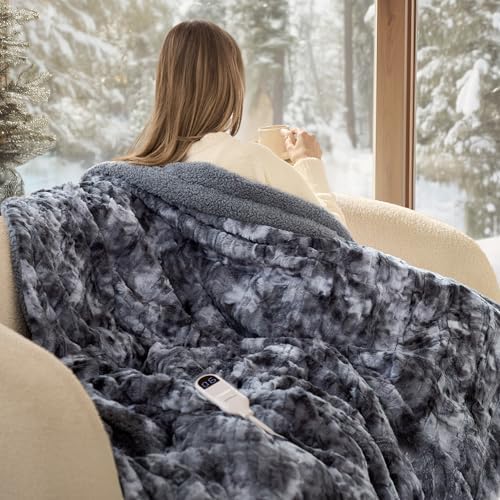 Bedsure Faux Fur Heated Blanket Throw Blanket, Fast Heating Electric Blanket with 6 Heating Levels & 4 Time Settings, Cozy Gifts for Women Men (50x60 inches, Grey) by BEDSURE