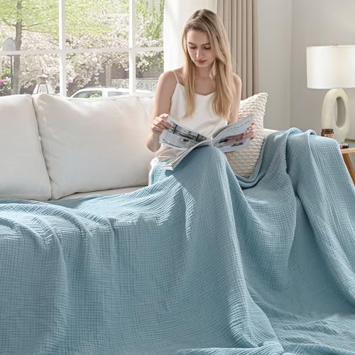Esterra Muslin Throw Blanket 50x65 Inches Cozy Soft Lightweight Pre-Washed Cotton Blanket, All Season Breathable 4-Layer Gauze Blanket Throw for Sofa Couch Bed, Sky Blue - Image 3