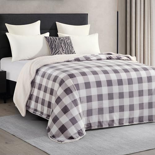 Elegant Comfort Ultra Soft Reversible Buffalo Plaid Flannel Sherpa Blanket - Cozy Silky Checkered Fleece Throw for Couch, Bed - Plush Fuzzy Warm Winter Blanket for Gift, Full, Gray - Image 3