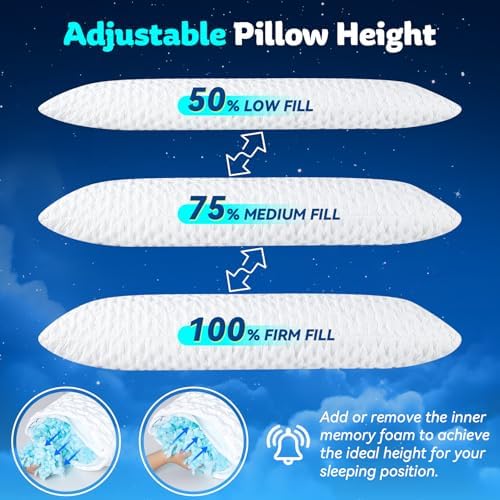 KUCEY Body Pillow for Side Sleeper with Neck and Shoulder Pain,Adjustable Shredded Memory Foam Pillows, Cooling Pillow for hot Sleepers with Washable Cover, Bed Pillows for Adults, Original White - Image 4