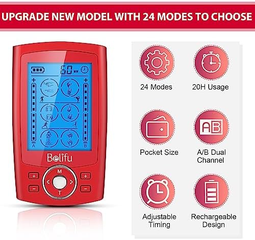 Belifu Dual Channel TENS EMS Unit 24 Modes Muscle Stimulator for Pain Relief Therapy, Electronic Pulse Massager Muscle Massager with 10 Pads, Dust-Proof Drawstring Storage Bag, Fastening Cable Ties - Image 4