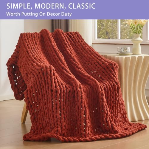 Bigacogo Chunky Knit Throw Blanket for Couch, 51x63 inches, Rust Red - Image 3