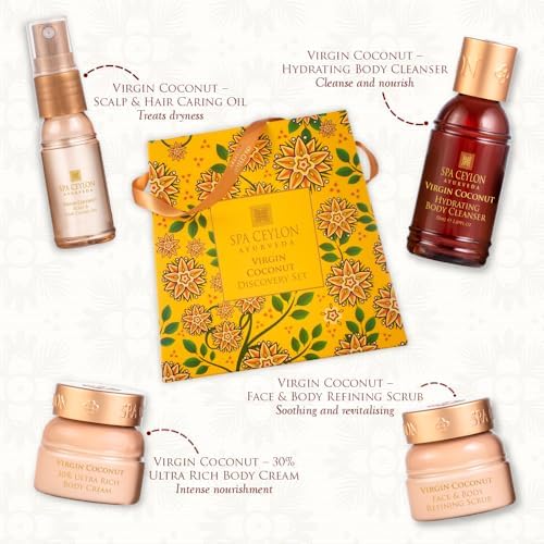 Spa Ceylon Ayurveda Virgin Coconut Discovery Set – 4-Piece Natural Body & Hair Gift Set – Body Cleanser, Ultra-Rich Body Cream, Hair Oil & Face Body Scrub, Cold Pressed Ceylon Coconut - Image 4