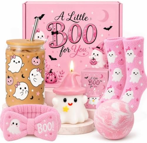 Pink Halloween Boo Basket Stuffers Gift Set for Women Including Glass Cup by UURM