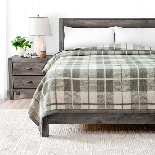Poyet Motte Rivoli Solid 400GSM 100% Virgin Wool Blanket, Medium/Heavy Weight, Machine Washable (Grey Natural Plaid, Full/Queen Size) by Poyet+Motte+Made+In+France