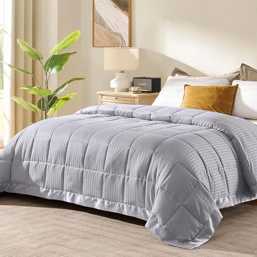 downluxe Queen Size Blanket with Satin Trim, Lightweight Down Alternative Blankets Queen Size for All Season, Machine Washable (Silver, 90x90 Inch) by Downluxe