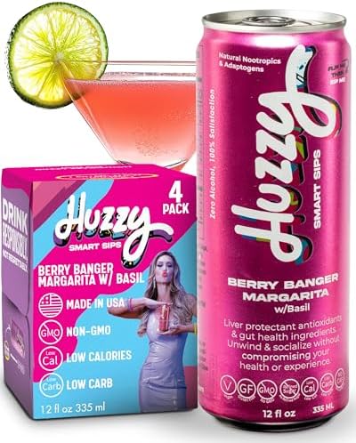 Huzzy Smart Sips Non Alcoholic Drinks - Berry Banger Margarita Inspired Beverage, Alcohol Free Functional Cocktails - Low Calorie, Low Carb, No Refined Sugar, Caffeine & Artificial Colors - 4 Pack by HuzzySmartSips