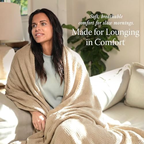 Threadmill Luxury 100% Cotton Twin Herringbone Blanket, Beige - Image 3