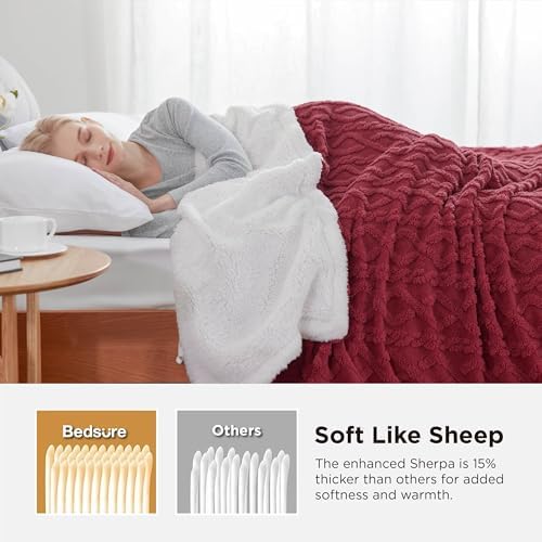 Bedsure Sherpa Fleece Blanket, Cable Jacquard Tufted, Warm, Red, Throw - Image 3