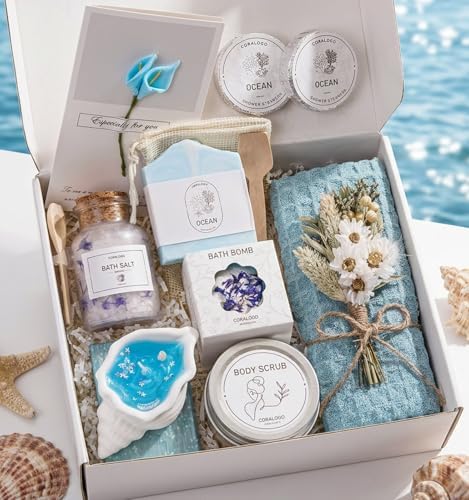 Ocean Spa Gifts for Women - 11pc Self-care Spa Gift Basket by Coralogo