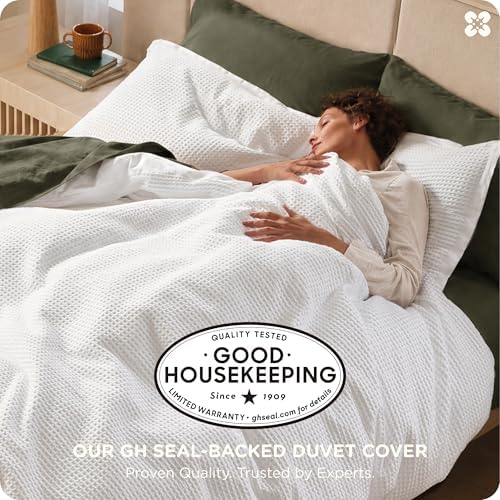 Bedsure PureWoven 100% Cotton Waffle Duvet Cover Set, 3 Pieces, Full, White - Image 2