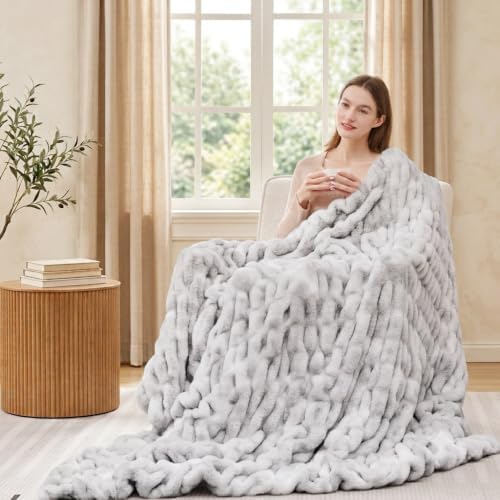 Touchat Ruched Rabbit Faux Fur Throw Blanket,Fluffy Soft Cozy,Tie-dye Gray - Image 4