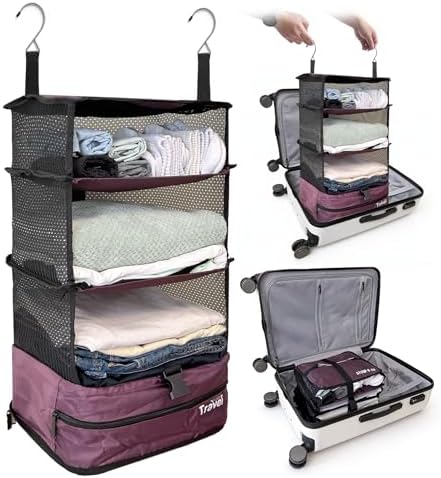 Grand Fusion Stow-N-Go Hanging Travel Shelves, Packing Organizer for Luggage. Carry on Closet for Suitcase. Expandable Packing Cube. Travel Essentials. (Burgundy - L, L = (L) 11.8" x (W) 11.8") by GrandFusion