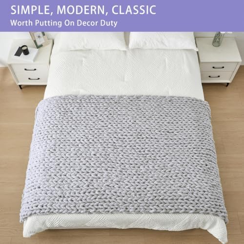Bigacogo Chunky Knit Throw Blanket for Couch, 40x80 inches, Light Grey - Image 3