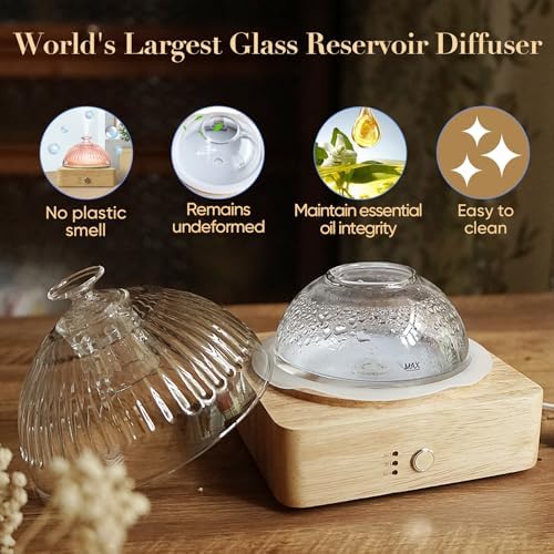 Glass Dome Essential Oil Diffuser with Glass Reservoir & Wood Base-No Plastic, 200ml Ultrasonic Diffuser for Aromatherapy with Timer 7 Color Light Auto-Off for Home Office Yoga Pilates - Image 2