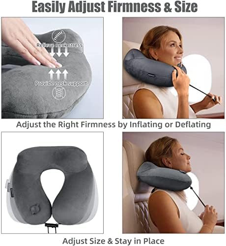 Inflatable Travel Neck Pillow for Airplanes, Super Soft Velvet Neck Support, Adjustable Firmness, Blow Up Plane Pillow for Long Flights, Road Trips, Travel Essentials with Eye Mask, Earplug - Image 5