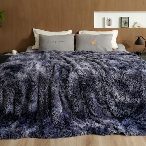 Pawque King Size Faux Fur Sherpa Fleece Blanket, Tie-Dye Blue 90x108 inches by Pawque