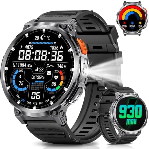 Military Smart Watch for Men, 1.85" Big Screen, Flashlight, 930mAh Battery by Podoeil