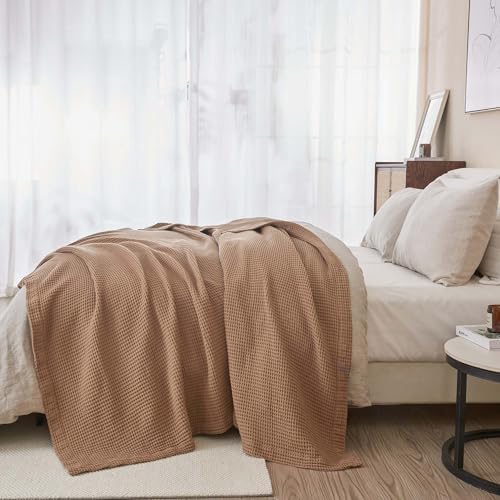 100% Cotton Taupe Blanket Full/Queen Size for Bed - Breathable and Soft, Waffle Weave for Summer Spring, 90x90 Inches (Toffee) - Image 5