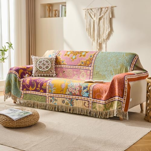 VANJOROY Boho Throw Blanket, 100% Organic Cotton Breathable Skin-Friendly Ultra Soft 80" x 90" Bed Patchwork Throw - Floral Rustic Luxury Reversible Blanket for Sofa Couch Chair and Gift, - Image 7