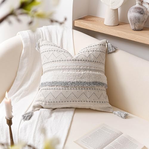 BlissBlush 20X20 Throw Pillow Cover, Cream Neutral Square Decorative Cushion Cover with Gray Pattern, Boho Accent Pillowcase with Tufted Details and Tassels for Couch Sofa Living Room (Cover Only) - Image 7