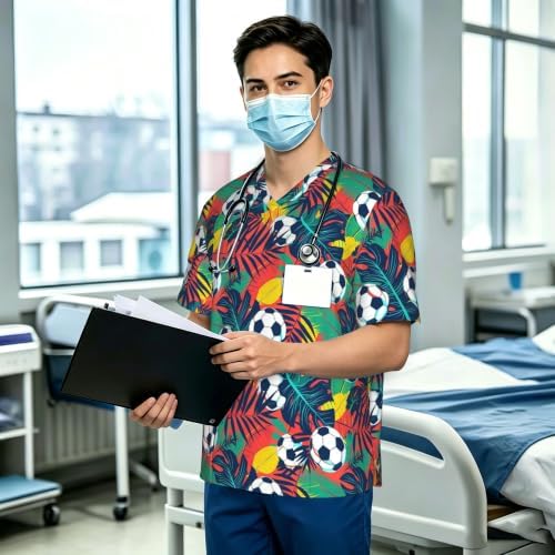 Men's Scrub Top,V-Neck Spill Wrinkle Resistant,3 Pockets-Tropical Palm Leaf Football (2) - Image 3