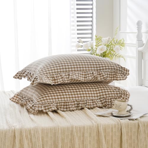 2 Pack Taupe White Plaid Gingham Ruffle Pillow Shams Standard Size 20"x26" - Image 4