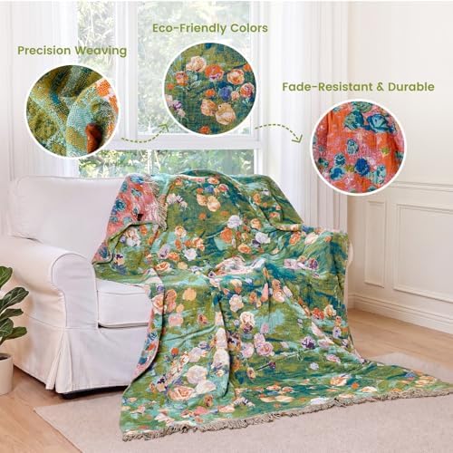 MSGKV Boho Throw Blanket 50"x60" Cotton Floral Muslin Blanket for Sofa - Image 3