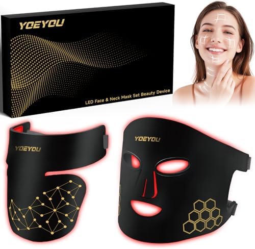 Red Light Therapy for Face and Neck, 850nm Infrared & Red Light Mask, 4 Modes LED Face Mask Light Therapy with Neck Masks, 2600mAh Rechargeable Portable Skincare Device at Home & Travel by YOEYOU