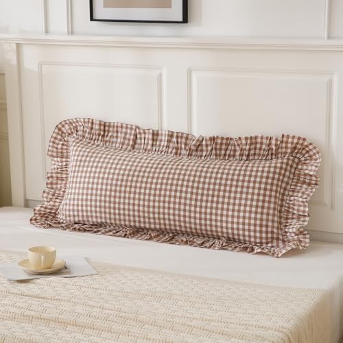 14x36 inches Taupe Plaid Ruffle Gingham Lumbar Throw Pillow Cover - Image 5
