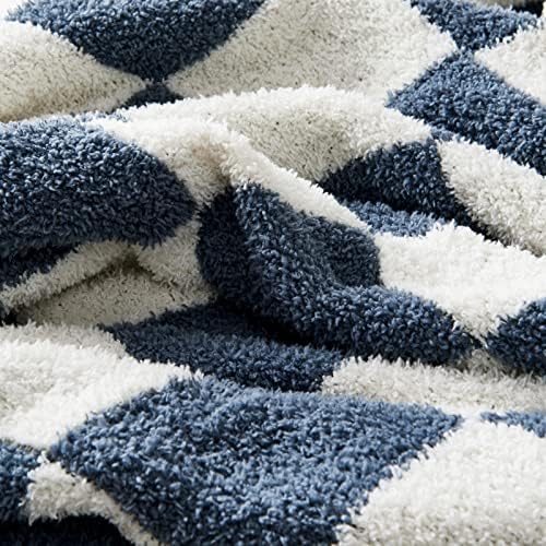 CozeCube Dusty Blue White Reversible Checkered Knit Throw Blanket 60"x80" - Image 3