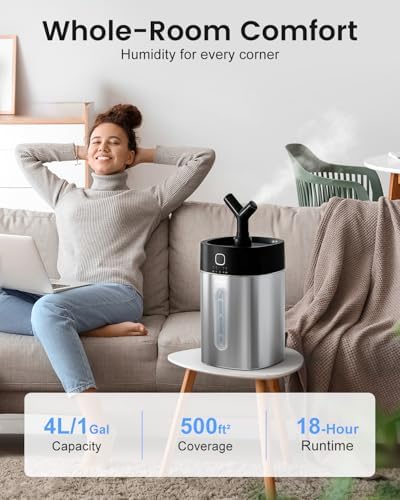 Feekaa Stainless Steel Humidifier, Easy Clean Dishwasher Safe, 4L/1Gal Cool Mist Humidifiers for Bedroom, Humidifiers for Baby, Humidifier Large Room for Nursery, Plant, Office, Living Room, Black - Image 2