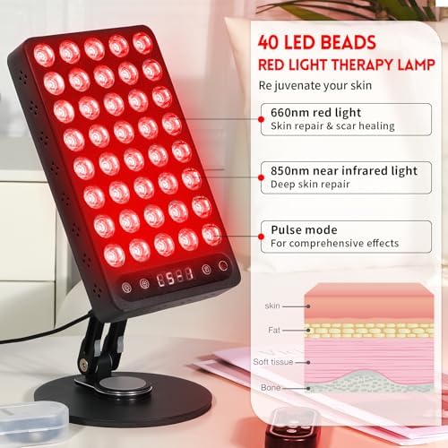 Red Light Therapy, 40 LEDs 660nm Red 850nm Near Infrared Light with Timer, High Power Panel Lamp Device for Body, Skin, Face, Recovery, Improve Sleep (Black) - Image 4