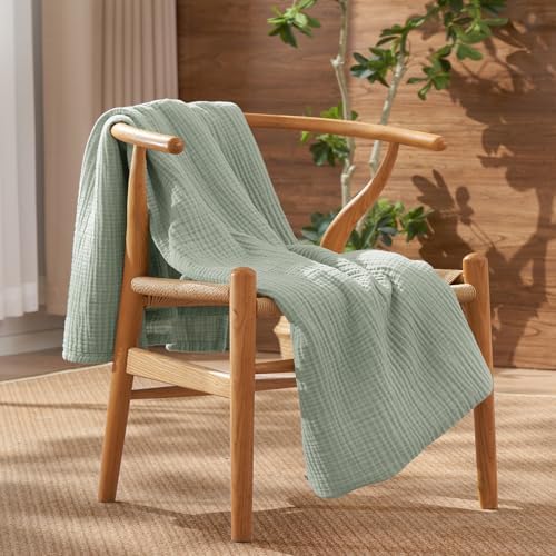 David's Home 100% Cotton Muslin Throw Blanket for College Dorm, 4-Layer Soft Breathable Lightweight Cozy Throw Guaze for Hot Sleepers, 3D Bubble Room Decor for Bed, Giftable, Sage Creen, 50"x70" by DavidsHome