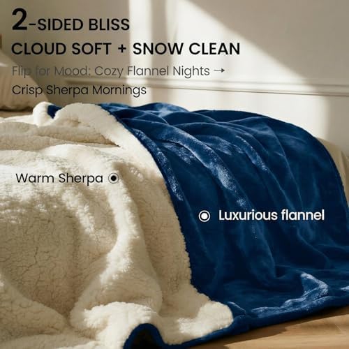 Tisancy King Size Waterproof Blanket for Bed Couch, 80'' x 80'' Double Side Leakproof Reversible Sherpa Flannel Fleece 3-Layer Lightweight Blanket, Absorbs 70oz(Navy Blue/White), Machine Washable - Image 3