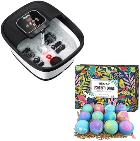 HOSPAN Collapsible Foot Spa with Heat, Bubble, Red Light, and Temperature Control, Foot Bath Massager with 8 Shiatsu Massage Rollers & 12 Essential Oil Rich Foot Bath Bombs Gift Set for Feet Stress Re by HOSPAN