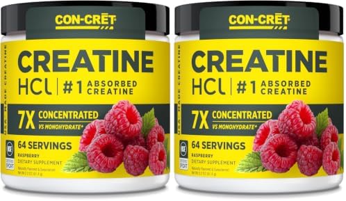 CON-CRET Creatine HCl Powder | Muscle, Cognitive, Cellular Energy Support | No Bloating or Cramps | USA Made & NSF Certified | Raspberry (64 Serving) (Pack of 2) by iHerb