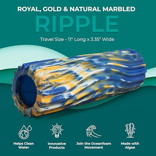 Oceanfoam Ripple Travel Foam Roller (11" x 3.35") Firm Mini Foam Roller for Physical Therapy, Deep Tissue Massage, Back Pain, High Density, Wave Textured, Yoga, Exercise (Royal Gold & Natural Marbled) - Image 3