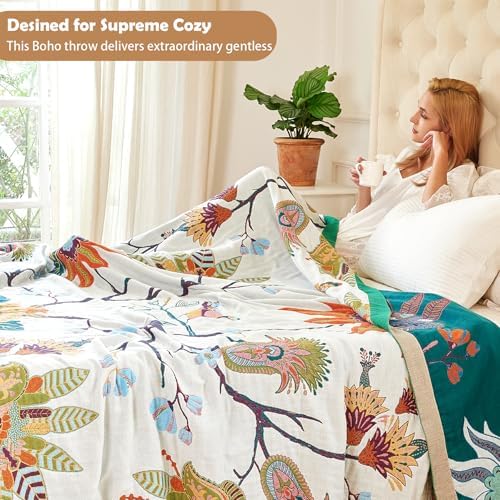 VANJOROY Boho Throw Blanket, 100% Organic Cotton Breathable Skin-Friendly Ultra Soft Bed Quilt Throw - All Season Floral Bird Farmhouse Décor Luxury Blanket for Sofa Couch Chair and Gift. 60" x 80" - Image 2