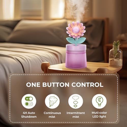 Cute Flower Mini Humidifier, Small Cool Mist Desk Humidifiers, Portable USB Personal Desktop Plant Humidifiers, Cooling for Home Office Car Travel Indoor Outdoor (260ml, Purple Sunflower) - Image 3