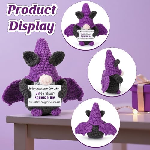 Halloween Bat Gnome Gift for Coworkers, Handmade Crochet Purple Gnome Holding Positive Note, Halloween Treats Non Candy for Adult Men or Women, Office Décor for Colleagues, Boss or Work Bestie - Image 4