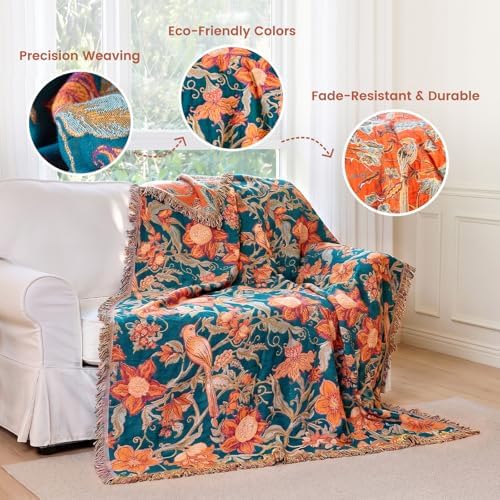 MSGKV Boho Throw Blanket 60"x80" 100% Cotton Floral Bird Blanket Couch Bed - Image 3