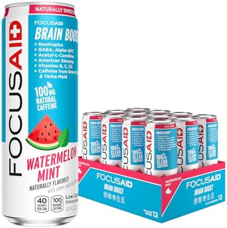 FOCUSAID Energy Drink, Brain Boost, Juicy Watermelon, Nootropics, Alpha-GPC, GABA, B-Complex, 100mg Caffeine, Yerba Mate, Green Tea, 100% Clean, No Artificial Sweeteners, 12 Oz(Pack of 12) by LIFEAID