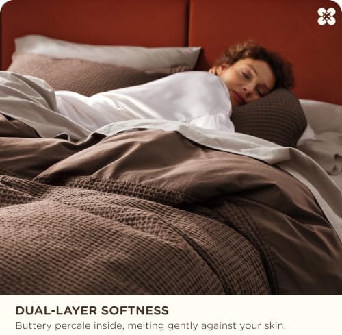 Bedsure PureWoven 3 Pieces 100% Cotton Waffle Duvet Cover Set, King, Brown - Image 4