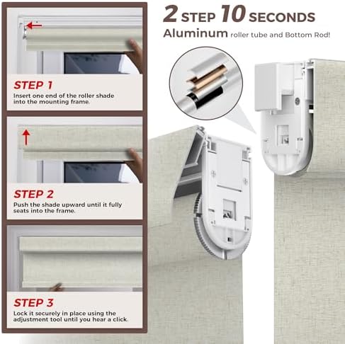 Allesin zen No Drill No Tools Blackout Roller Shades for Windows, 100% Blackout Linen Fabric,Renter-Friendly,UV Protection,Cordless Roller Blinds for Home, Office, Bedroom(Linen,33x48) - Image 2