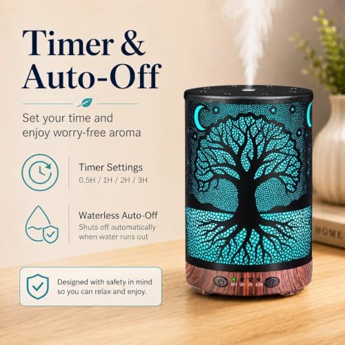 Essential Oil Diffuser, 120 ml Aromatherapy Diffuser with 7 Color Lights, Auto Shut-Off and 4 Timer Settings, Ultrasonic Cool Mist Diffuser for Home Room Office (Moonlit Tree) - Image 4