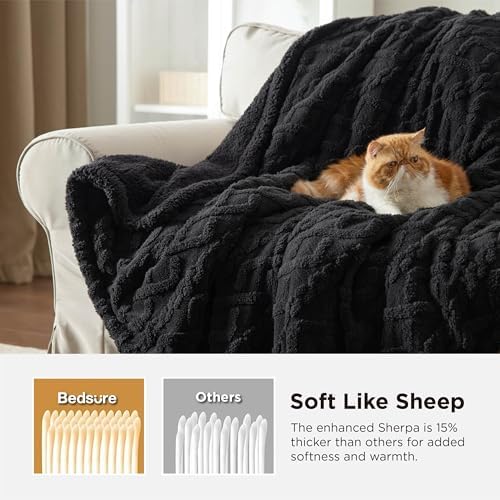 Bedsure Sherpa Fleece Blanket, Cable Jacquard Tufted, Warm, Black, Queen - Image 3